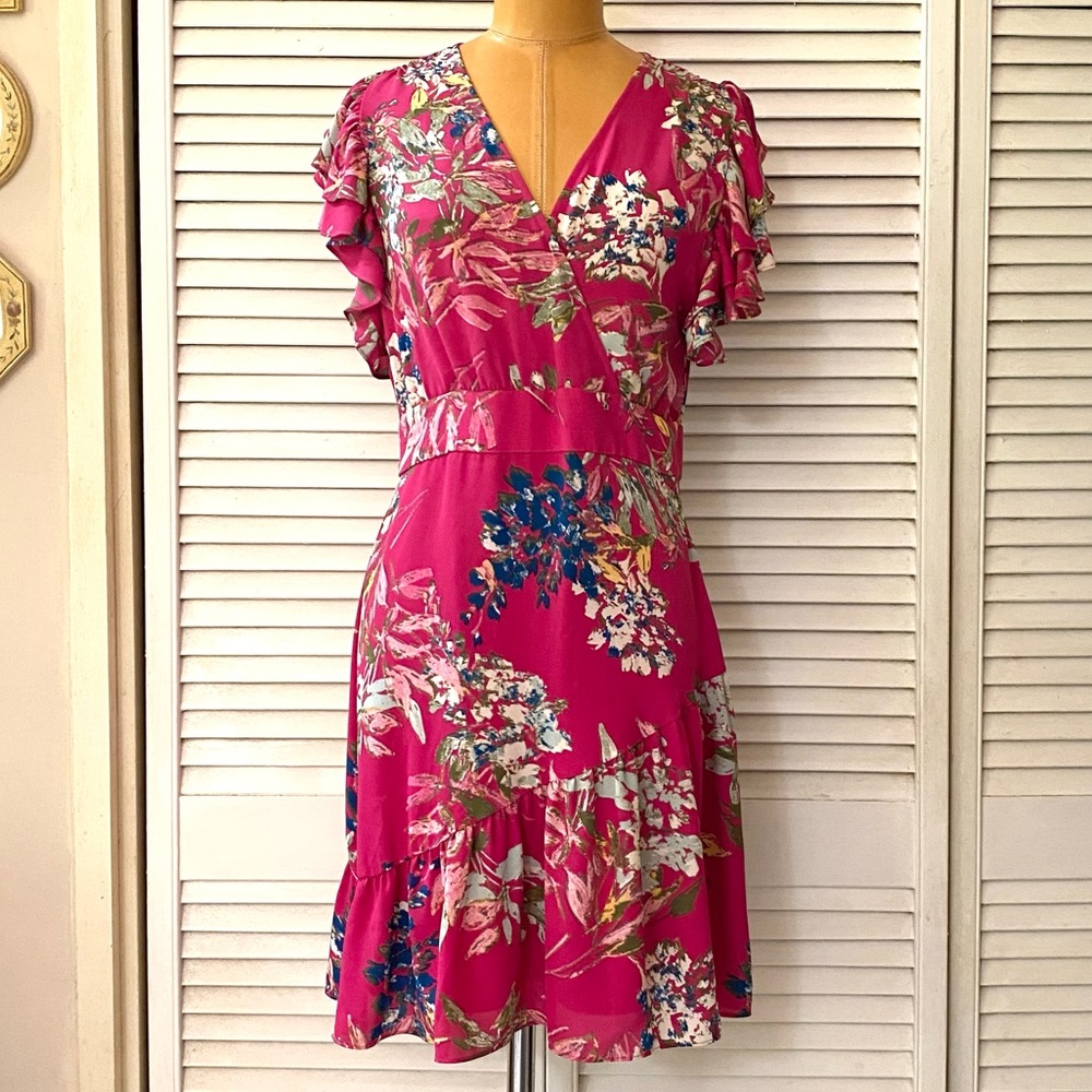 Rachel Roy Dress Womens size 2 Fuchsia Pink Floral Flutter Sleeve Office Party